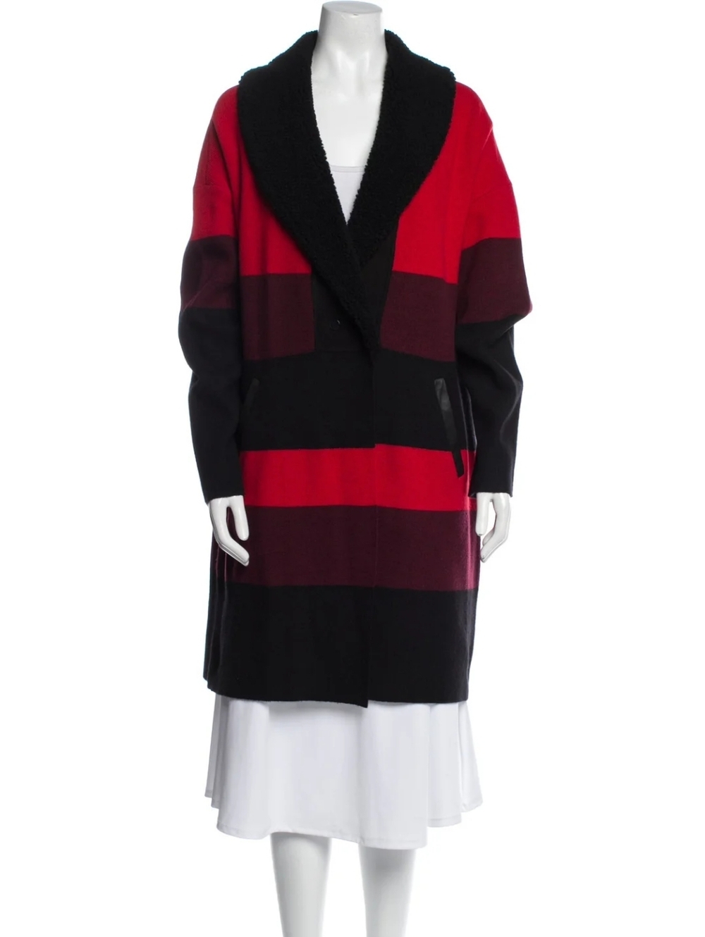 St. John Red/Black Wool Striped Sweater Jacket Fur Collar Size XL - Picture 2 of 13